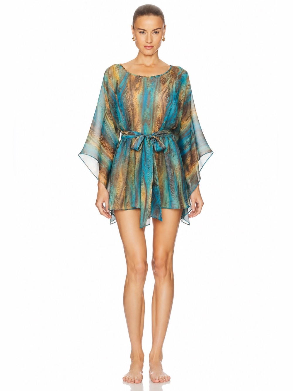BELLISSIMA Swimwear Sheer Chiffon Kaftan Tunic Cover Up Blue Abstract 📐S/M